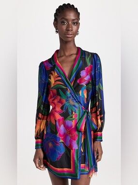 NWT Farm Rio Flower Season Black Scarf Black Wrap Mini Dress